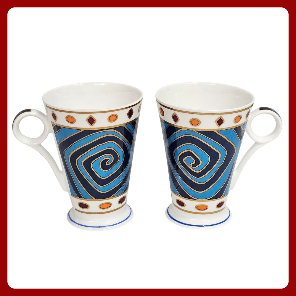 Wren Giftware Grecian Key Fine Bone China Mugs Set 2 Blue Swirl Made in England‎